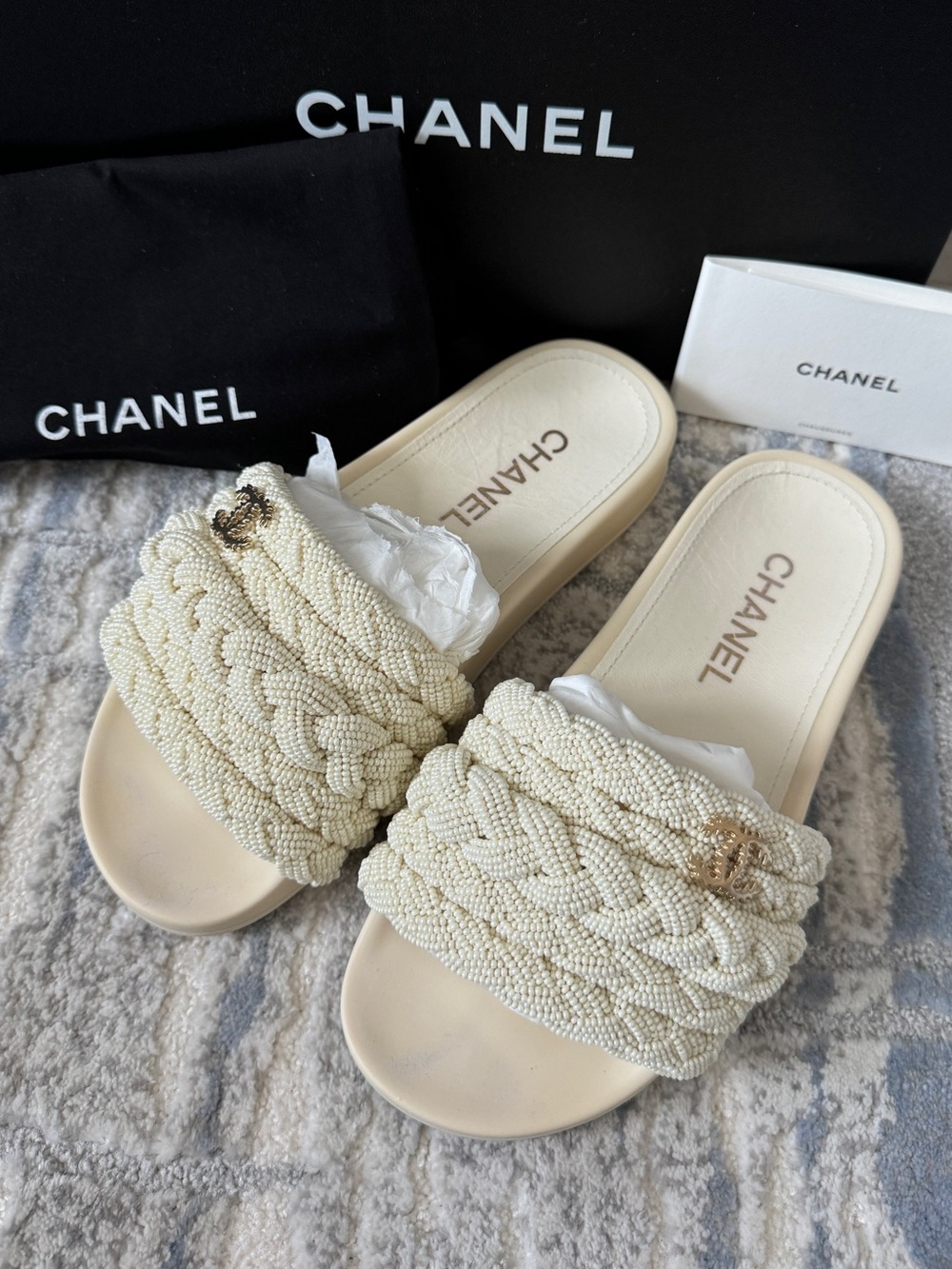 Chanel Cream Pearl Braided Beaded Slide Sandals Gold CC Logo